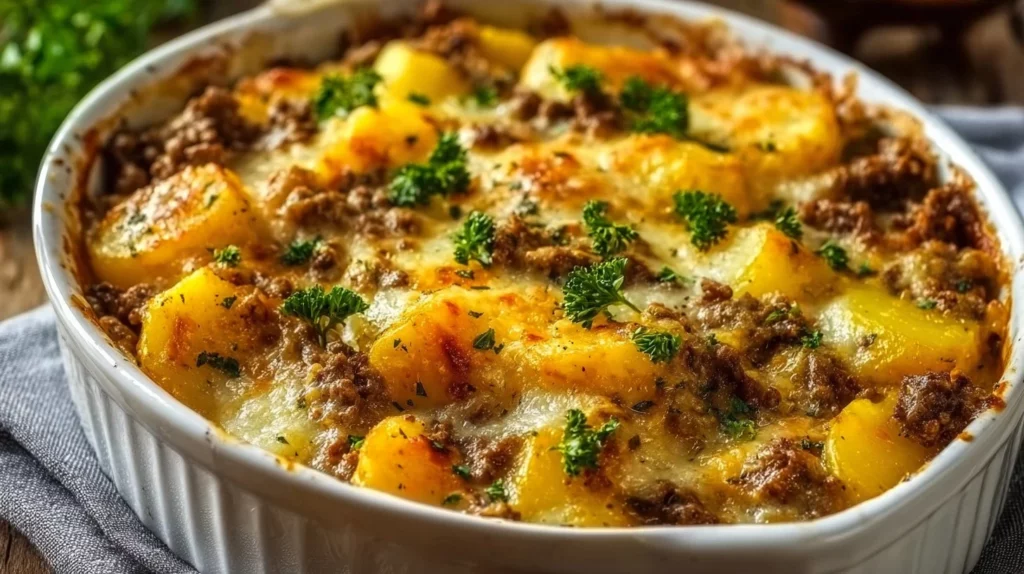 Delicious Hobo Casserole featuring layered ingredients in a baking dish.