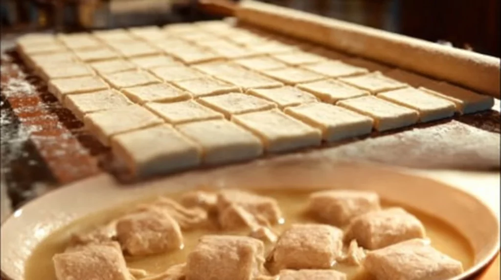 Bowl of homemade chicken and dumplings with herbs and vegetables