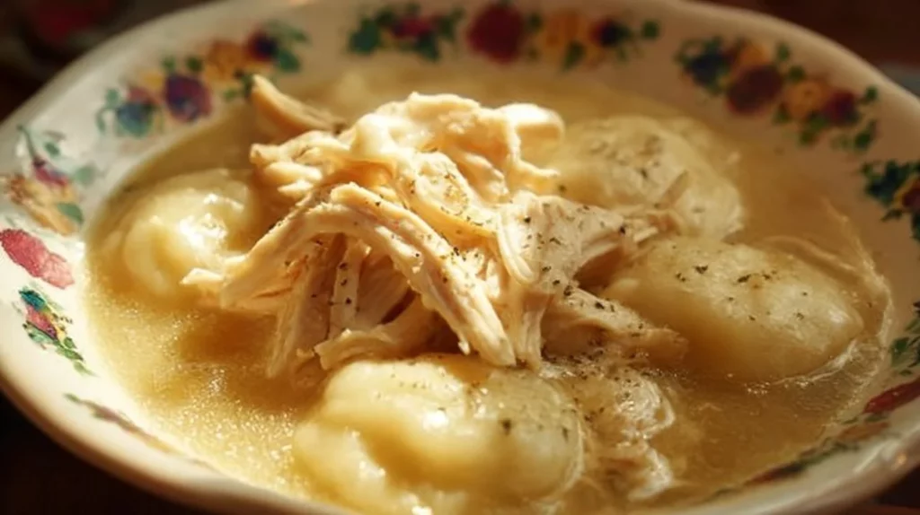 Bowl of homemade chicken and dumplings, a comforting meal for any occasion.