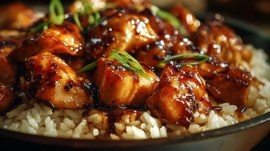 Delicious Honey BBQ Chicken served over rice, perfect for dinner.