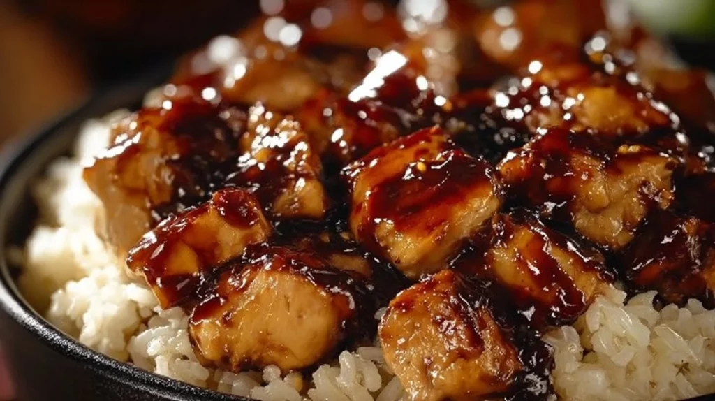 Delicious Honey BBQ Chicken served with rice on a plate