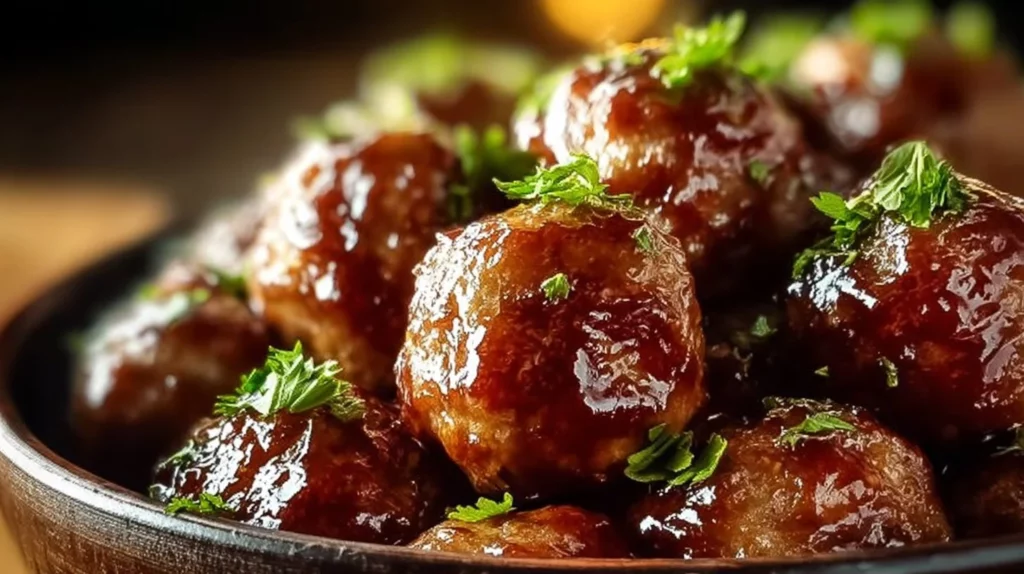 Honey-Garlic BBQ Crockpot Meatballs ready to serve