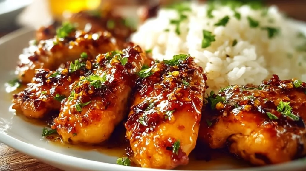 Honey garlic chicken breasts served with vegetables and herbs