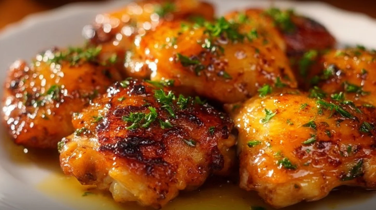 Delicious Honey Garlic Chicken Thighs served on a plate with vegetables.