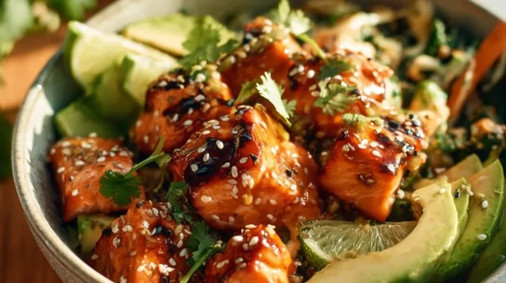 Delicious honey glazed salmon bowl with vegetables and rice