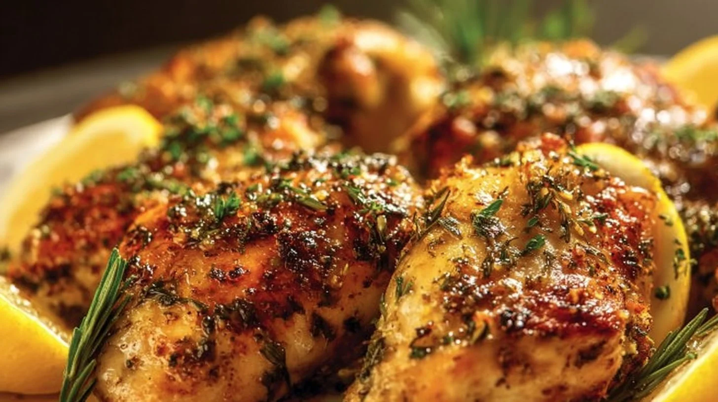 Deliciously cooked pan-seared chicken breasts on a plate garnished with herbs.