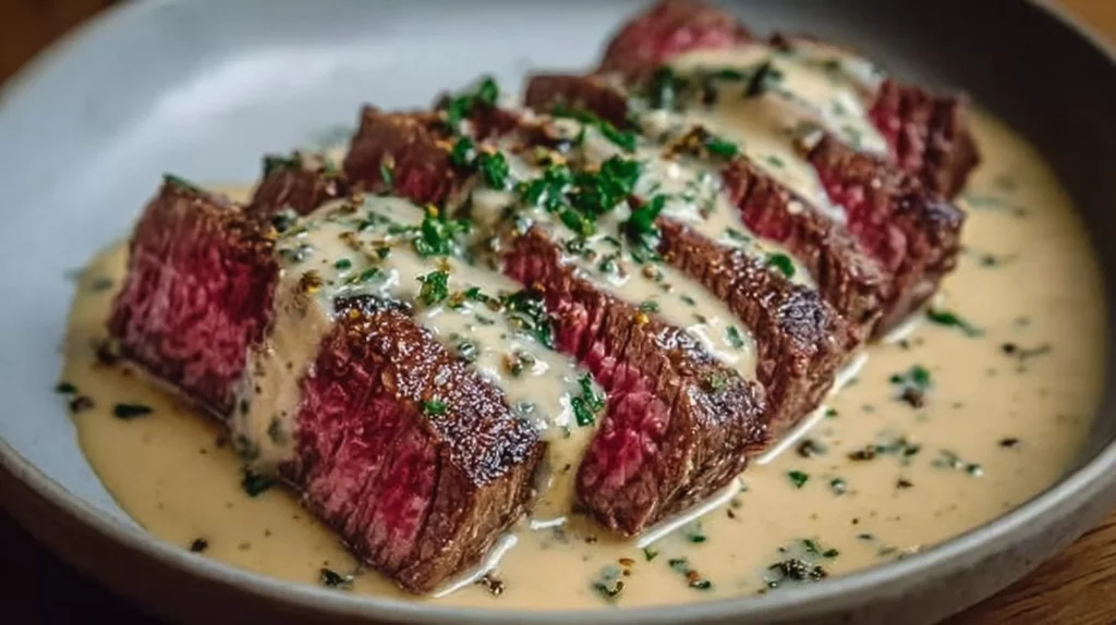 Juicy steak drizzled with creamy garlic sauce on a plate