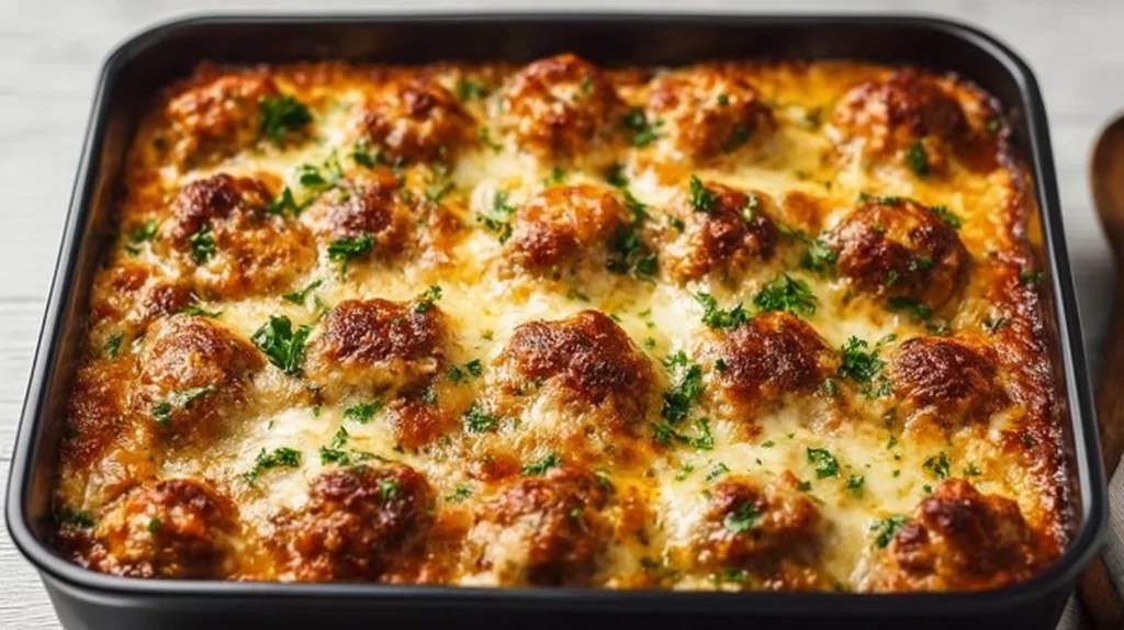 Delicious Keto Meatball Casserole topped with cheese in a baking dish