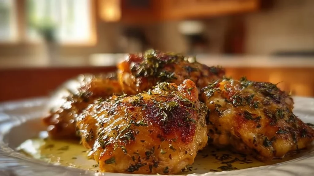 Tender Lemon Garlic Chicken Thighs garnished with herbs