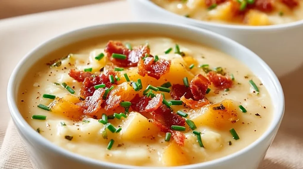 Delicious loaded baked potato soup topped with cheese and bacon