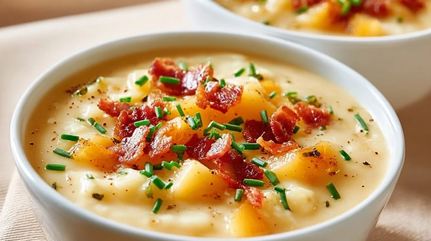 Delicious loaded baked potato soup topped with cheese and bacon