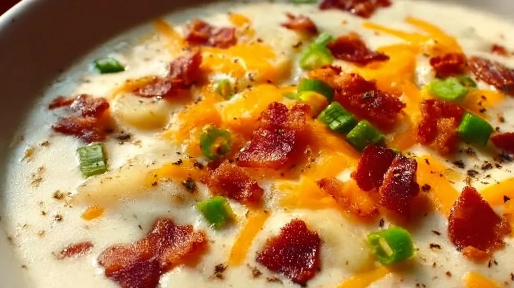 Bowl of creamy loaded potato soup topped with cheese and bacon