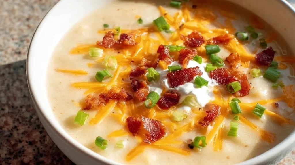 Bowl of loaded potato soup topped with cheese, bacon, and green onions