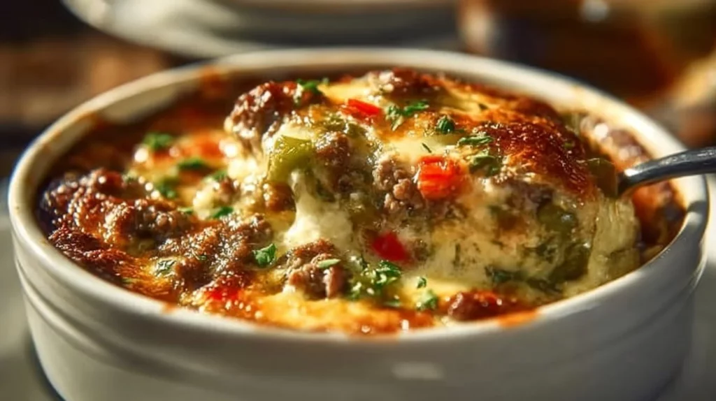 Low Carb Philly Cheesesteak Casserole topped with cheese and peppers