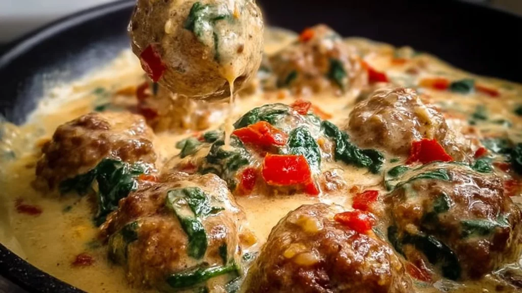 Savory Marry Me Meatballs served with a rich tomato sauce and garnished.