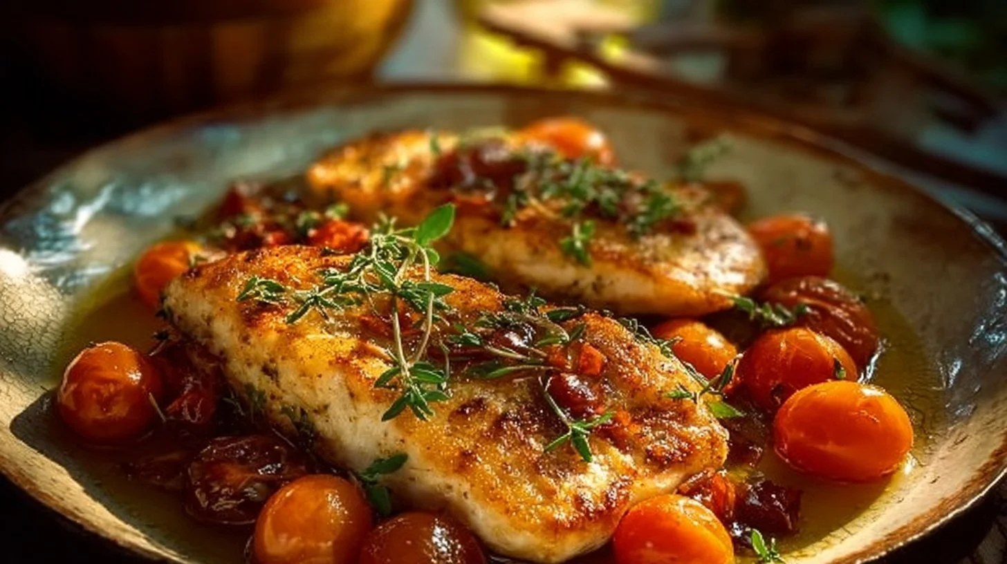 Mediterranean baked fish garnished with herbs and lemon