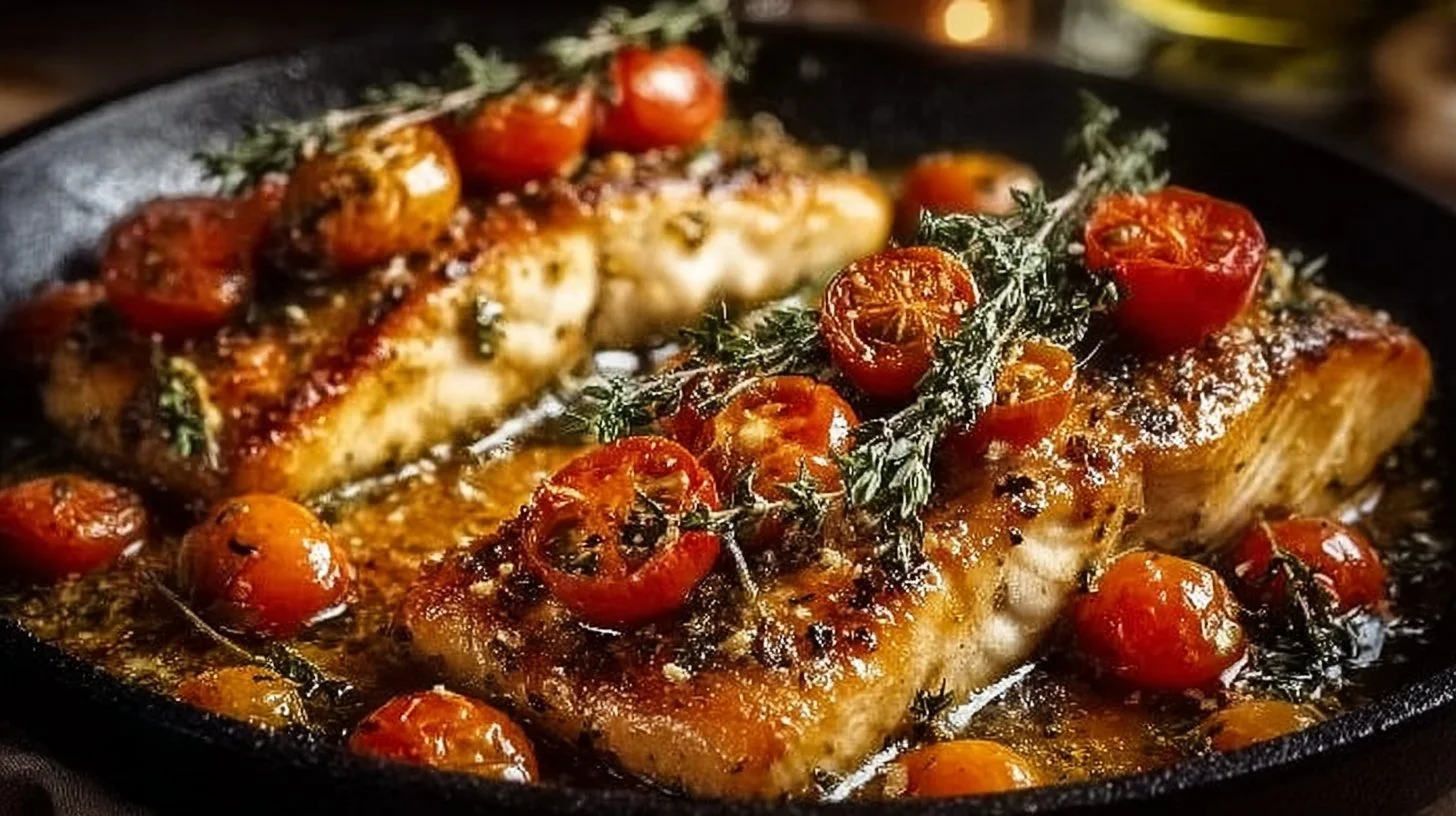 Mediterranean baked fish served with herbs and lemon on a rustic plate.