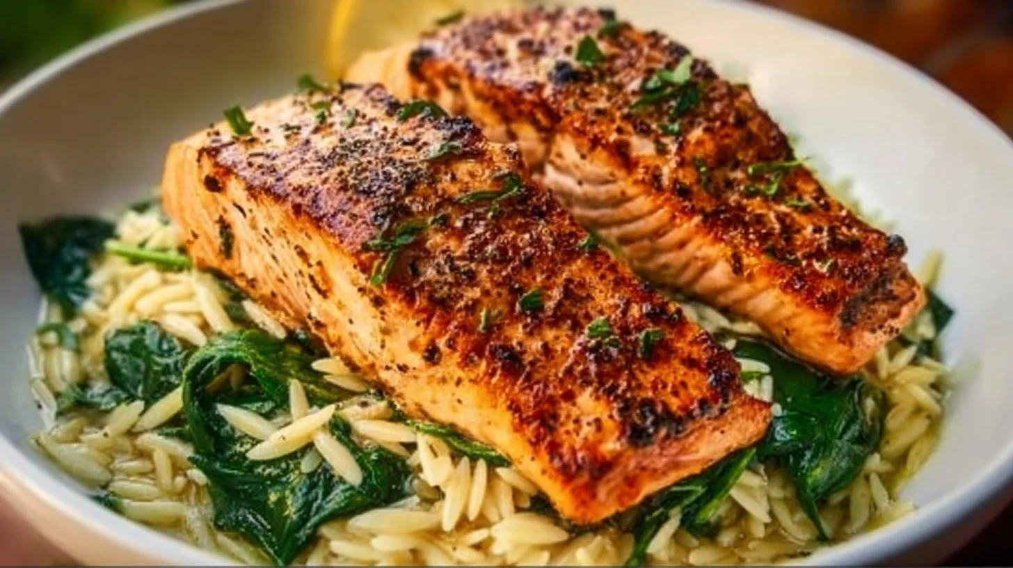 Plate of Mediterranean Salmon with Orzo garnished with herbs and vegetables