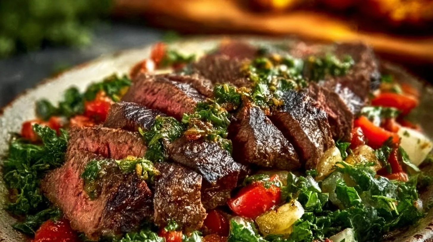 Mediterranean steak bowl topped with fresh vegetables and herbs