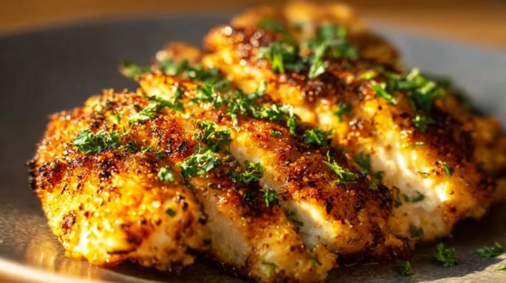 Juicy melt-in-your-mouth chicken breast served on a plate with herbs