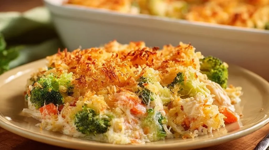 Delicious rotisserie chicken casserole topped with cheese and vegetables