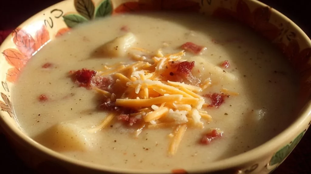 Bowl of Old-Fashioned Potato Soup garnished with herbs and crackers