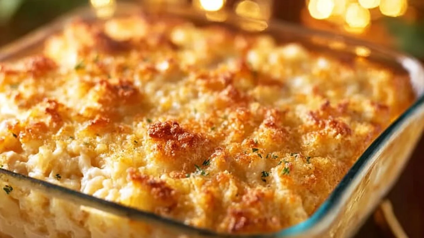 Old School Chicken and Rice Casserole served on a plate with herbs and sides.