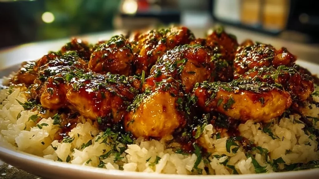 One-Pan Honey Butter Garlic Chicken served with rice, garnished with herbs.