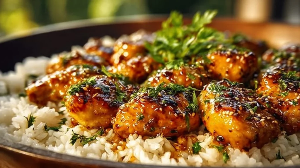 One-Pan Honey Butter Garlic Chicken served with rice on a plate