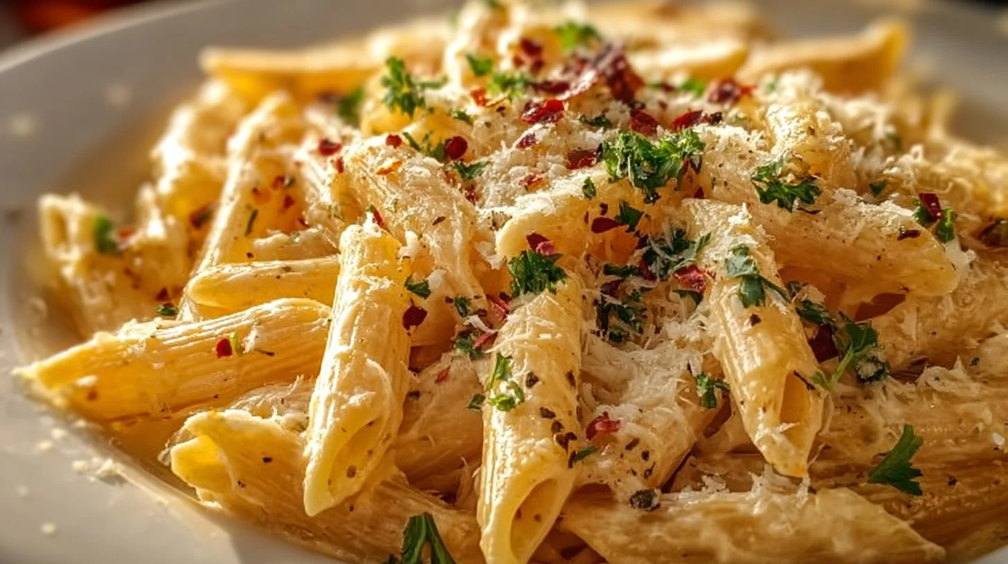 One pot creamy garlic pasta garnished with parsley and parmesan cheese