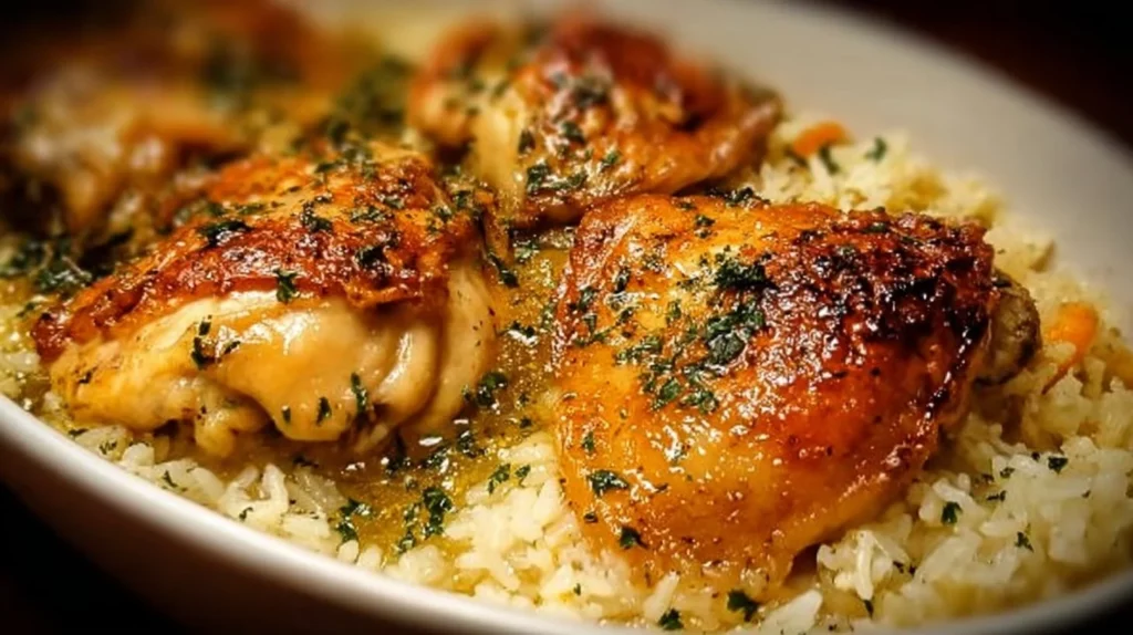 Oven baked chicken with rice served on a plate