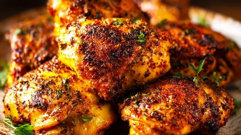 Oven baked chicken thighs seasoned and ready to serve on a plate