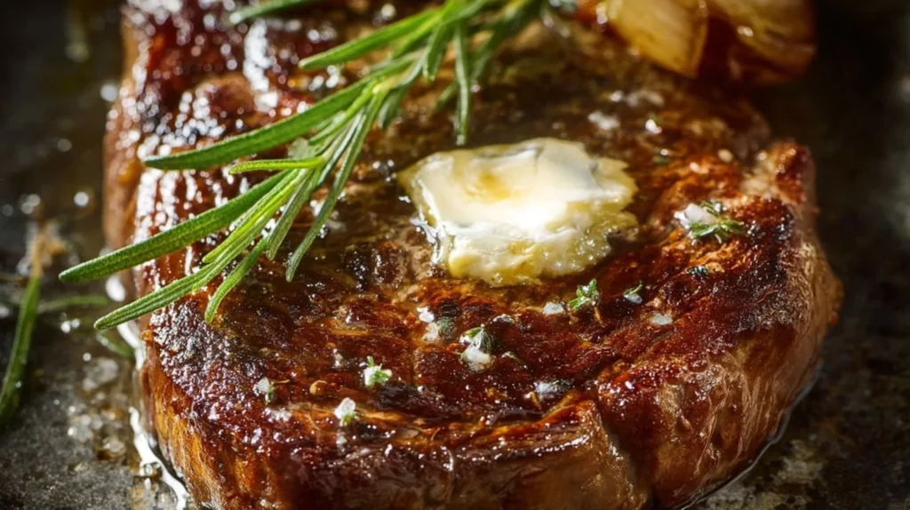 Pan-seared steak cooked with garlic butter served on a plate.