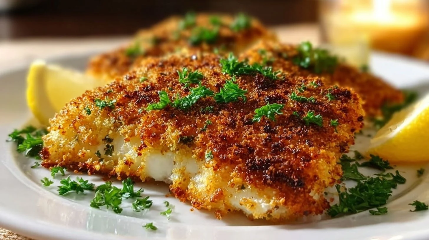 Delicious Parmesan Baked Fish served with lemon and herbs