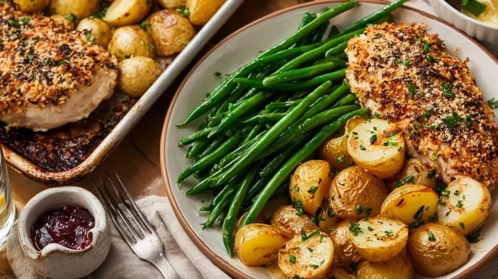 Delicious Parmesan Crusted Chicken on a sheet pan with vegetables.