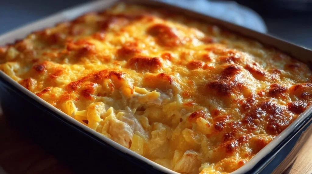 Delicious chicken casserole recipe by Paula Deen with creamy ingredients and toppings