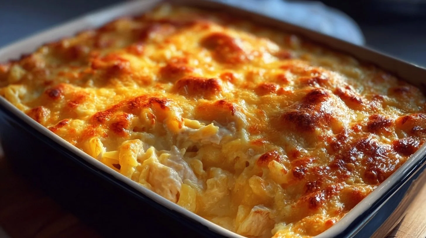 Delicious chicken casserole recipe by Paula Deen with creamy ingredients and toppings
