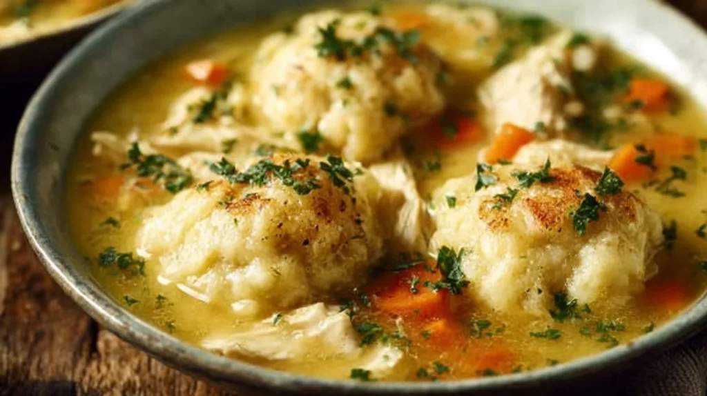 Pioneer Woman chicken and dumplings served in a bowl with herbs