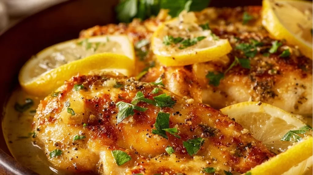 Delicious quick and easy lemon chicken served on a plate with fresh herbs.