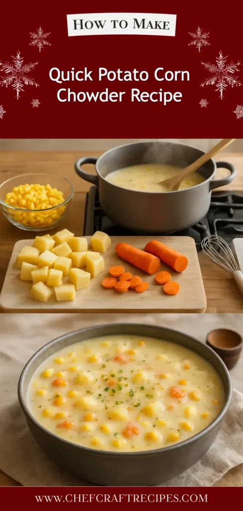 Bowl of creamy potato corn chowder with fresh herbs and crispy bacon on top