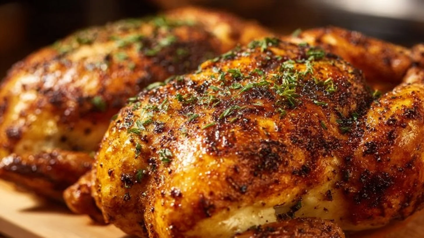 Delicious rotisserie chicken served with sides on a plate.