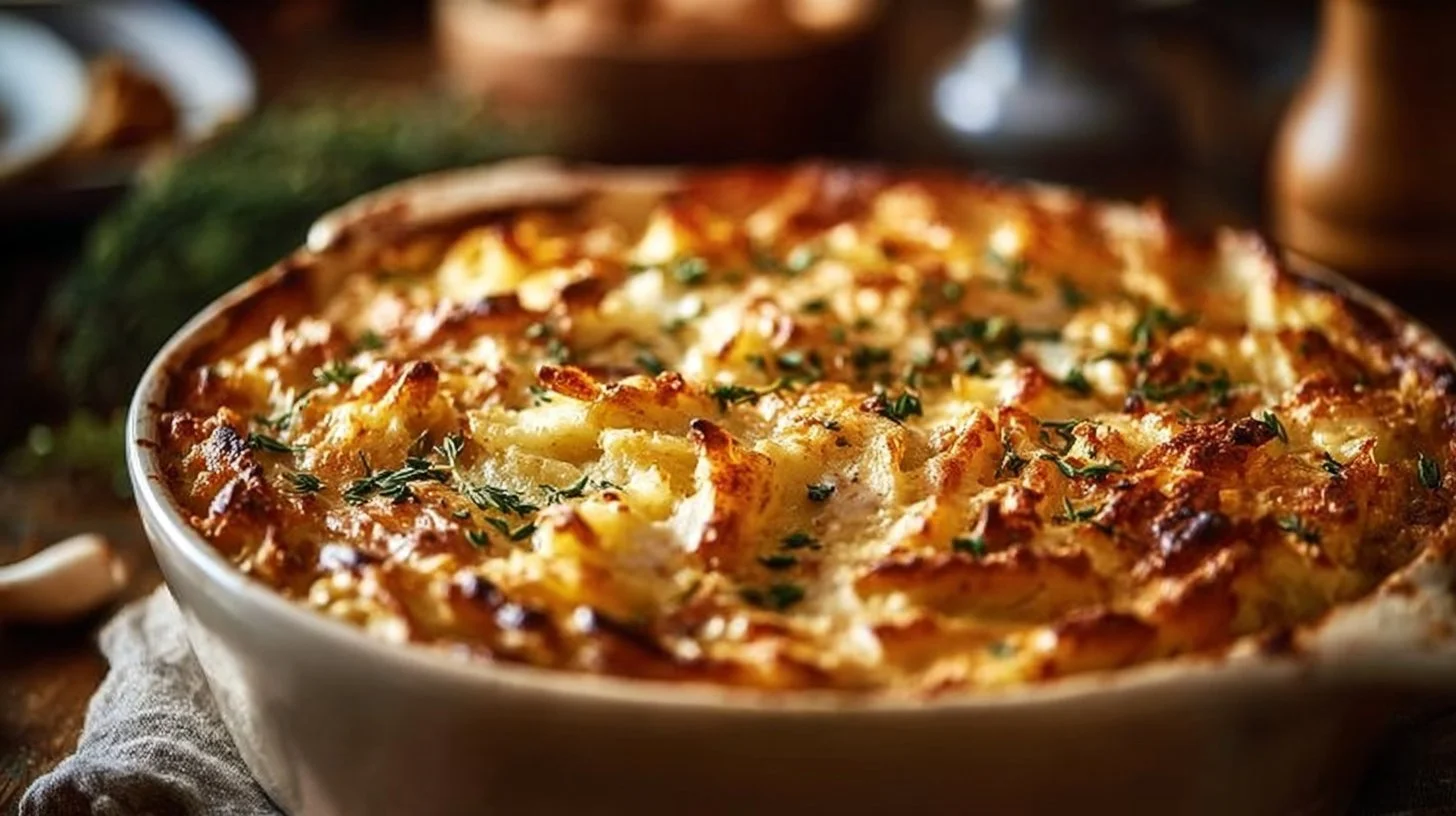 Delicious rotisserie chicken casserole with melted cheese and fresh herbs
