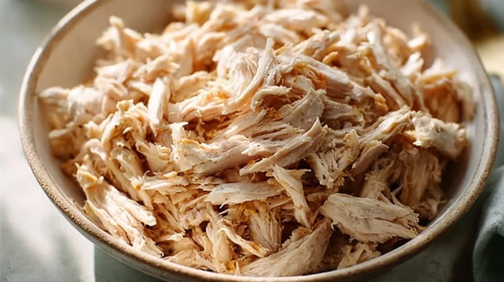 Plate of shredded chicken ready for delicious recipes and meals