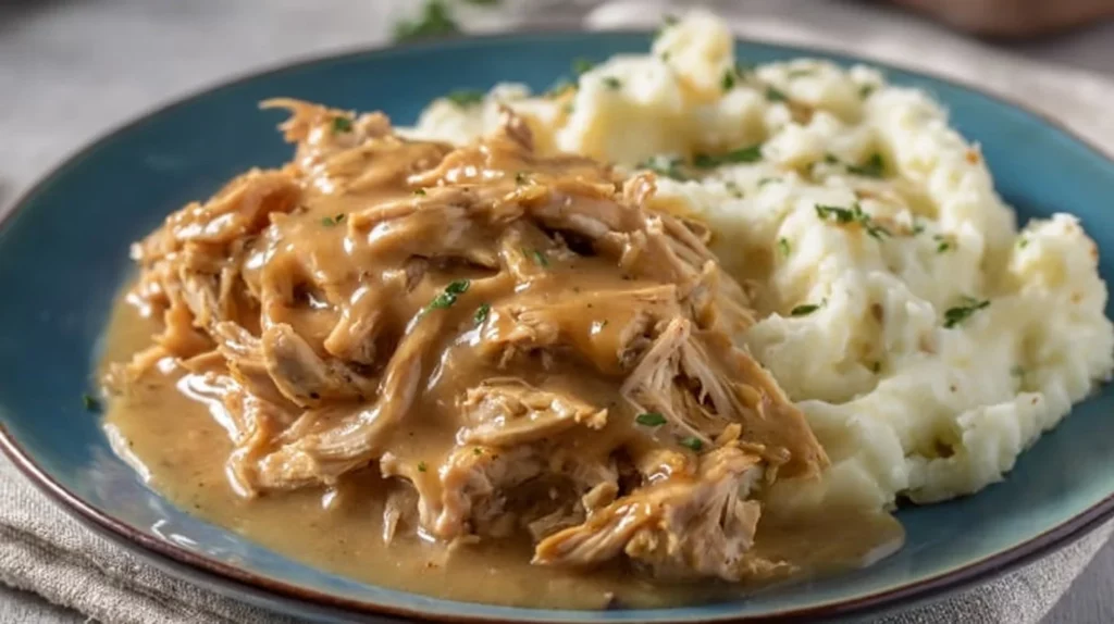 Delicious plate of shredded chicken served with rich gravy