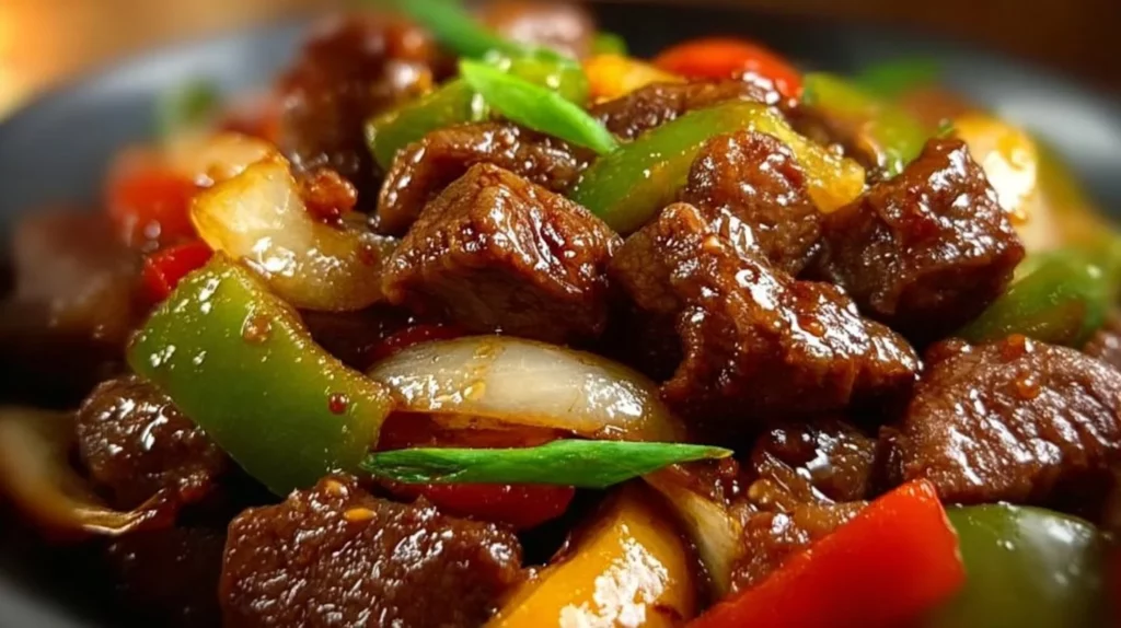 Sizzling Chinese pepper steak with onions served on a plate