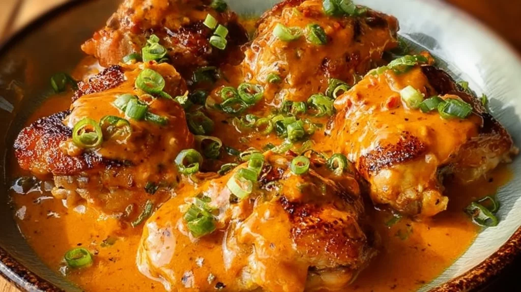 Skillet Bang Bang Chicken Thighs with a spicy sauce and vegetables in a skillet