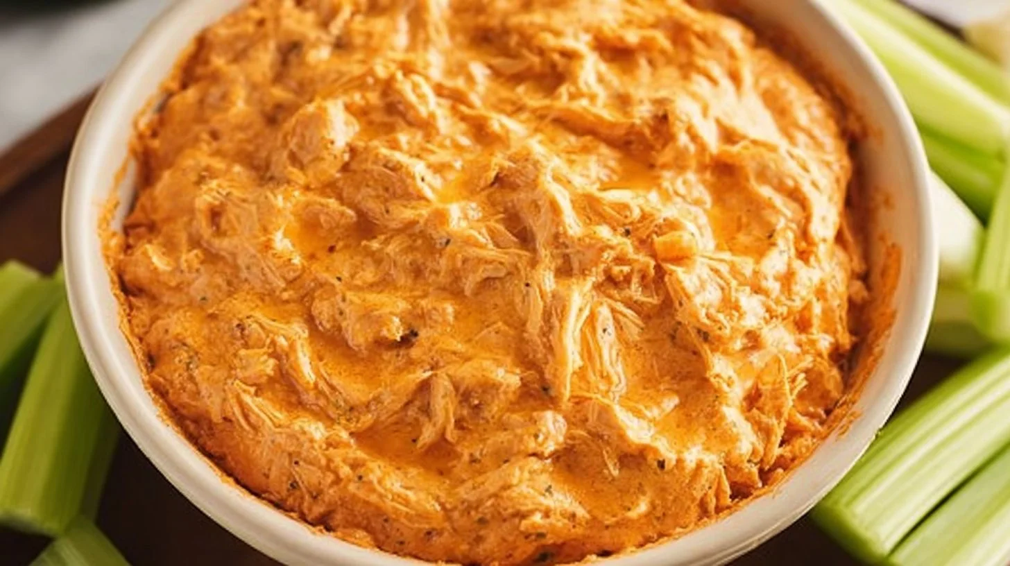 Slow Cooker Buffalo Chicken Dip in a bowl, ready to serve as a party appetizer.