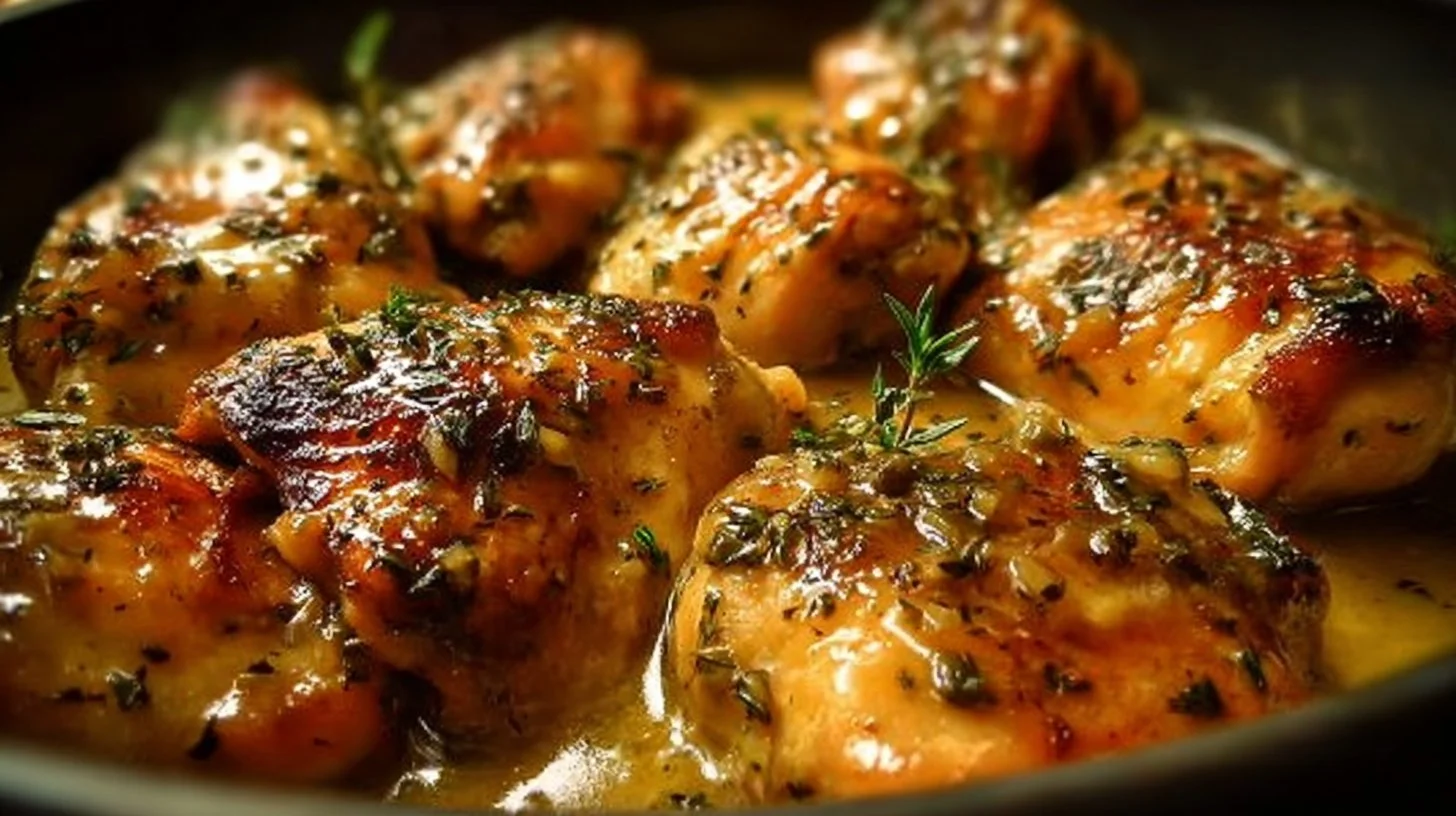 Delicious slow cooker creamy lemon chicken served with fresh herbs and lemon slices.