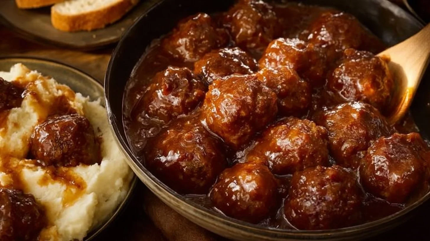 Delicious slow cooker Salisbury steak meatballs served with gravy