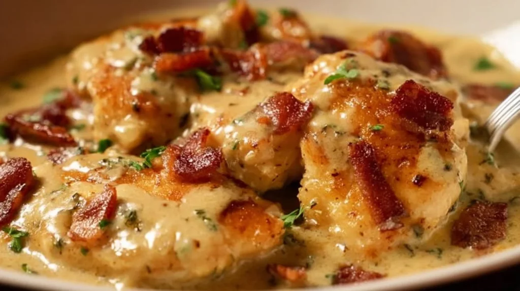 Plate of homemade smothered chicken topped with rich gravy and herbs